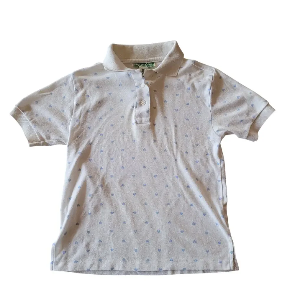Vintage White Polo Shirt Blue Heart Print Short Sleeve 90s Preppy Crabgrass